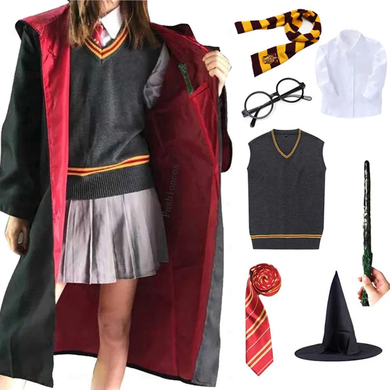 Magic School Uniform Cape Adult Teenager Wizard Slytheriny Robe Cloak Sweater Shirt Tie Scarf Cosplay Girls Halloween Costume