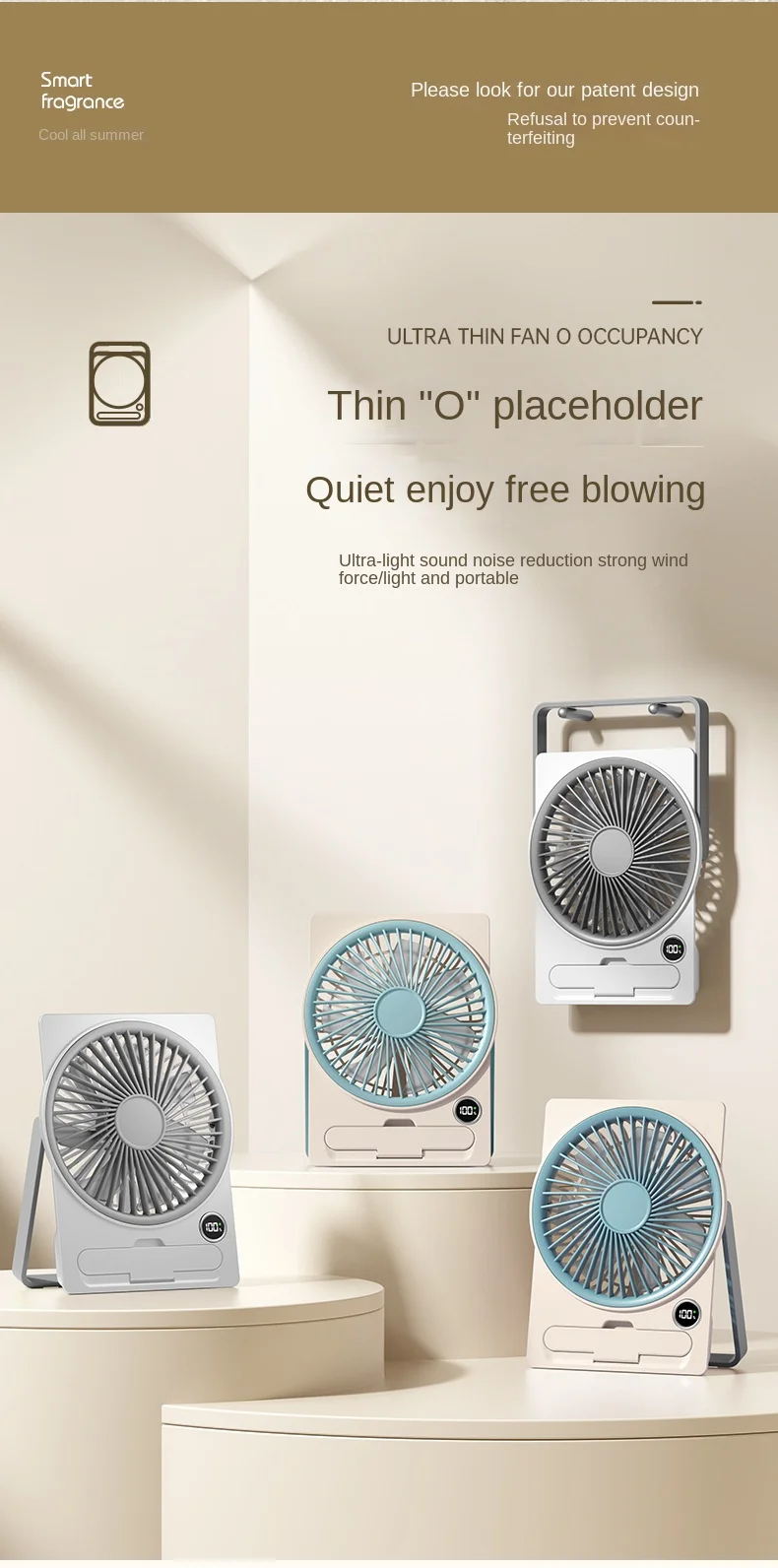 Ultra Thin Mini Fan USB Rechargeable Card Fan LCD Digital Display 6-speed Adjustment Hanging Stand Dual Use Desktop Fan