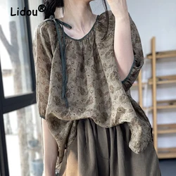 Women's Vintage Floral Print Lace Up Linen Blouse Summer Trendy Casual Streetwear Half Sleeve Loose Shirt Y2K Tops Blusas Mujer