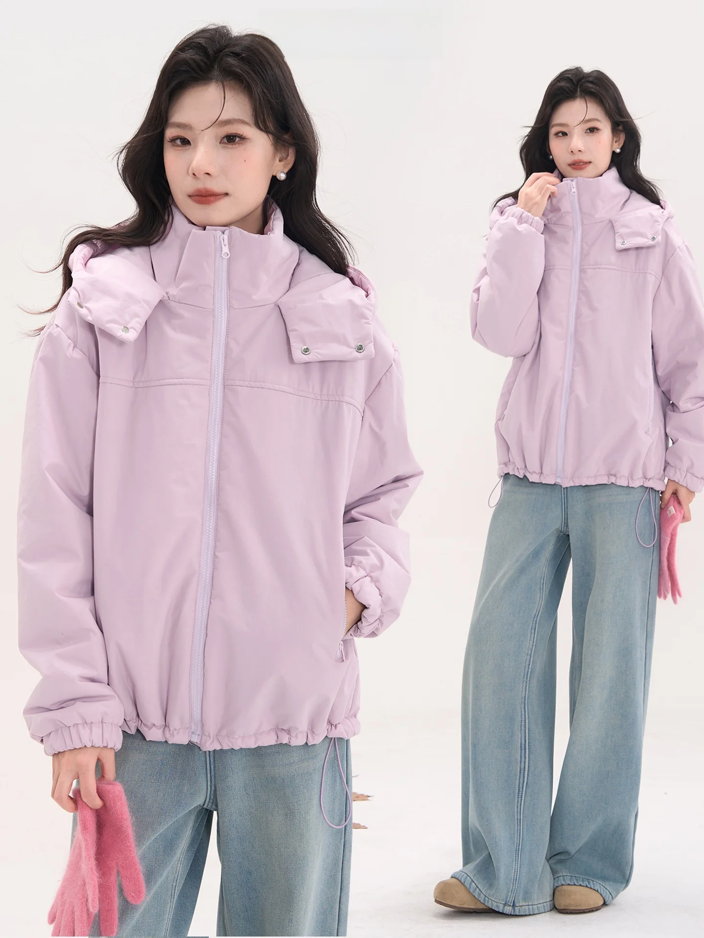 

Floral Field Window Heme Cotton Jaet Zipper Hooded Women's Coat Fruit Color White Enhancing ort Loose Fit Winter Outerwear