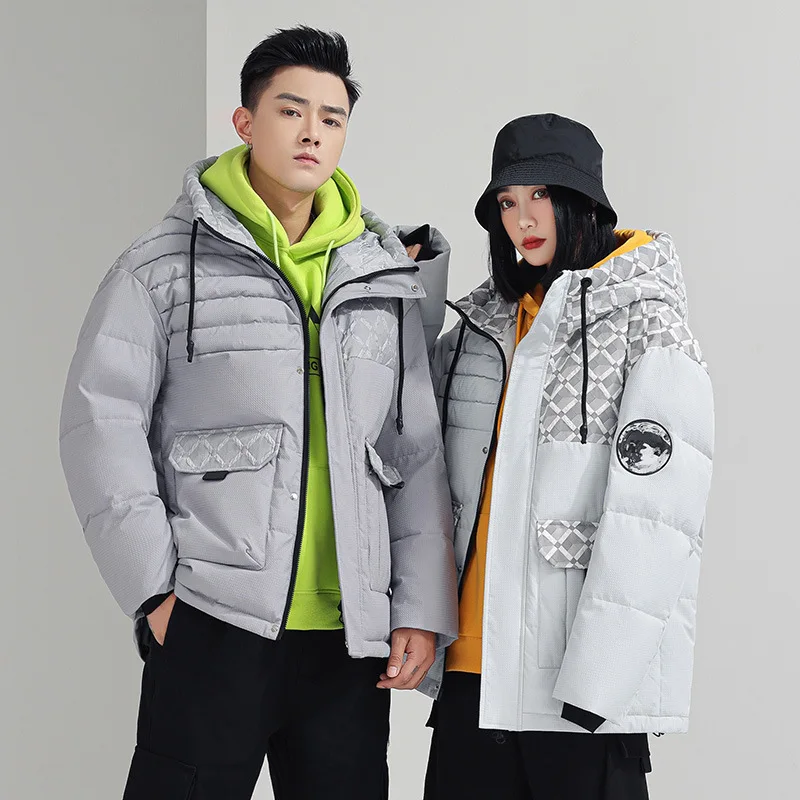 2024 New Winter Couple Workwear Down Jacket Glossy 90 White Duck Down Thickened Warm Short Puffer Jacket Fashion Hooded Parkas