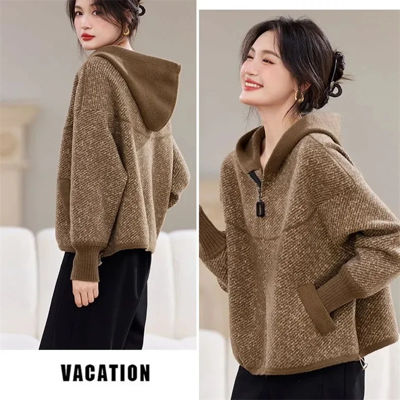 

Casual Color Matching Coat Women's Spring Autumn 2026New Hooded Zipper Cardigan Jacket Ladies Padded Knitwear Sweatshirt Outwear