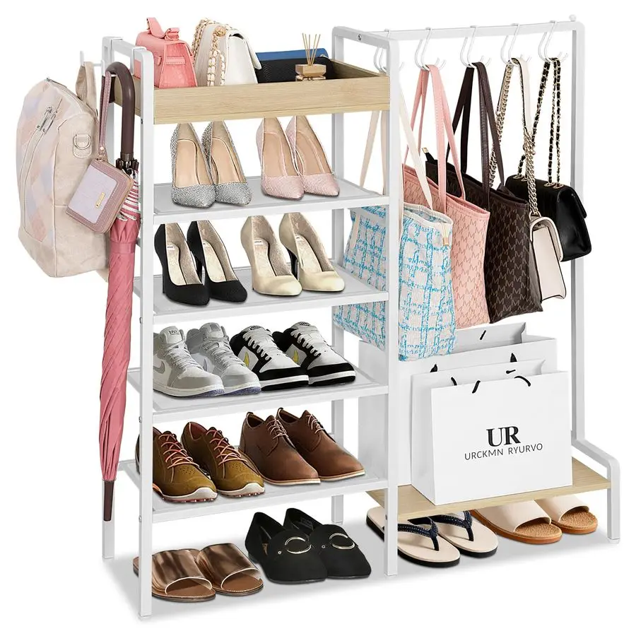 

NauwaBarn 2in1 Shoe Rack for Closet with Purse Organizer, 5 Tier Shoes Shelf with Wooden Tray and Removable Shelves, Storage Or