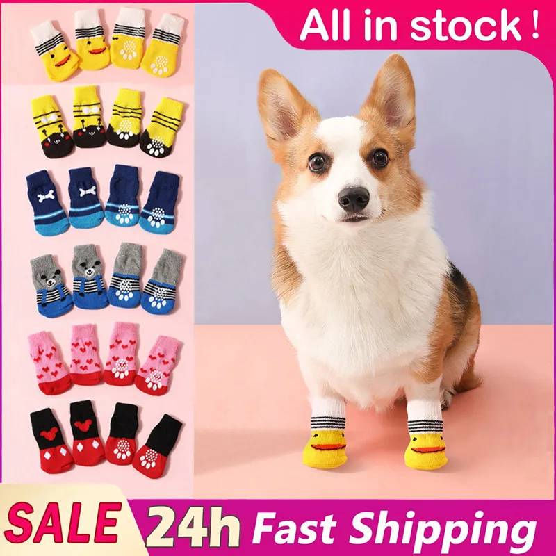 4Pcs/Set Winter Warm Dog Socks Anti Slip Pet Shoes Socks For Small Medium Dogs Soft Breathable Chihuahua Teddy Puppy Foot Cover