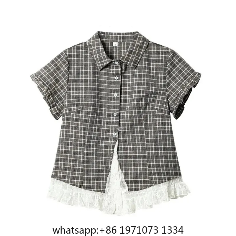 Lace Patchwork Plaid Shirt Women Summer Sweet Short Sleeve Vintage Blouse Slim Sweet Retro Japan Kawaii Female Cute Casual Tops view 3