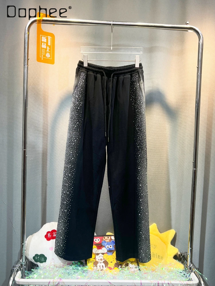 

Hot Drilling Sports Casual Pants for Women 2024 Spring Autumn New Elastic Waist Loose Slimming and Straight Wide Leg Pants