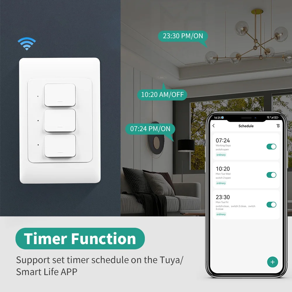 Tuya Light Switch WiFi Smart Wall Push Button Interruptor Switches 1/2/3Gang Physical Lamp Switch Neutral Wire Optional Timer