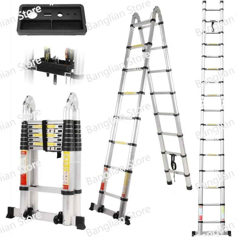 16.5FT Telescoping A Frame Ladder with Tool Tray, 2-In-1 Extension Ladder, Multi-Purpose Aluminum Telescopic Ladders with Ladder