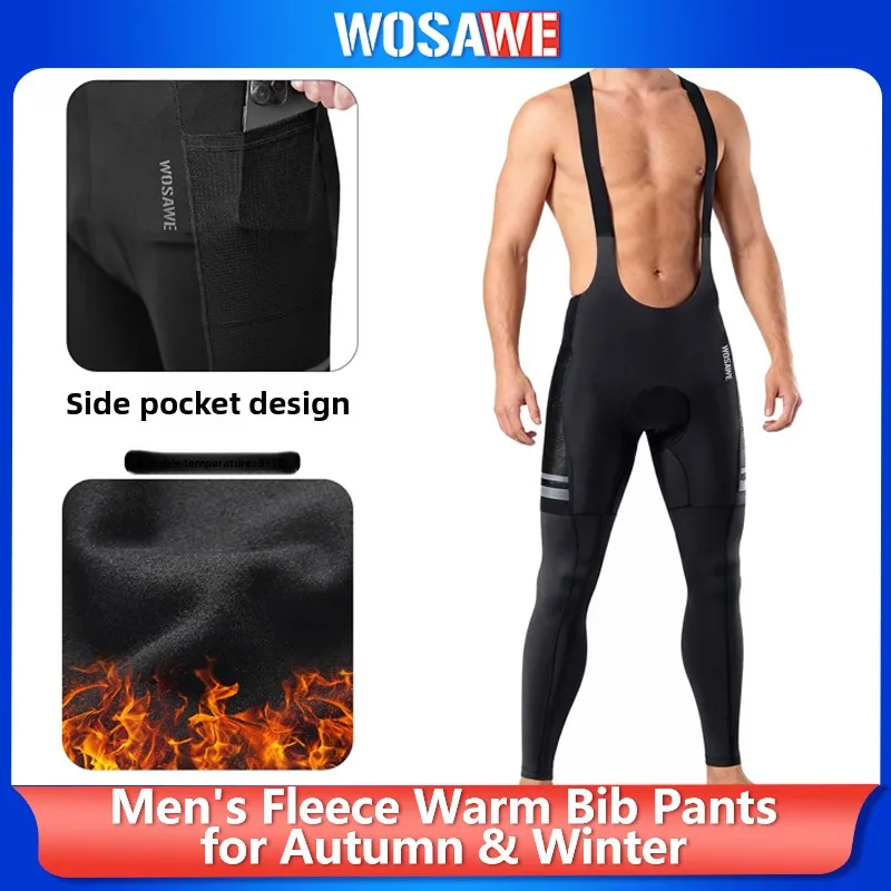 WOSAWE Mens Winter Cycling Bib Tights with 3D Gel Padding Thermal Fleece Cycling Bib Pants Warm Road Bike Trousers