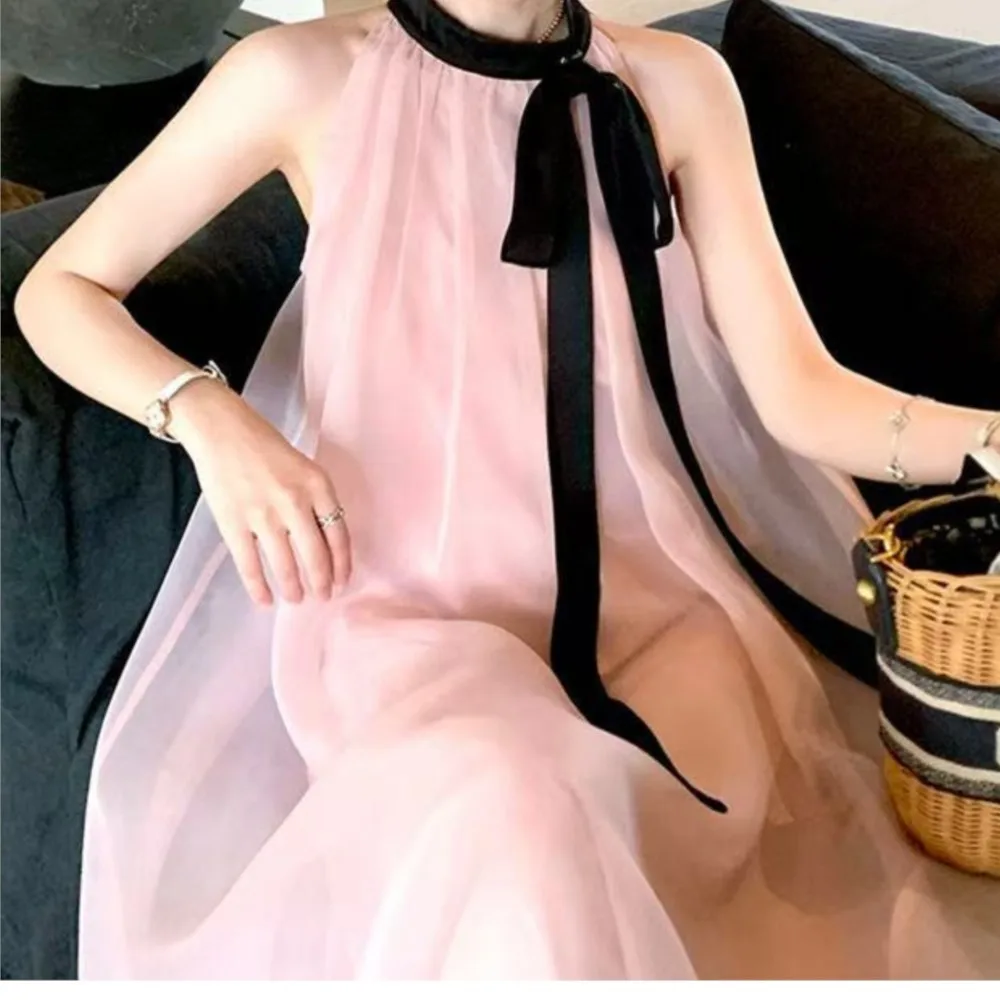 

2026 French Dress For Wedding Dresses For Ladies Vestidos Temperament Gentle Simple Style Loose Holiday Neck Halter Sleeveless