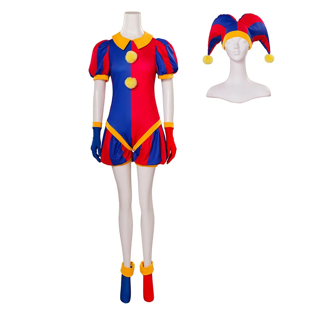 

Adult Women Clown Cosplay Costume Hat Disguise Blue Red Jumpsuit Halloween Carnival Fancy Party Dress Up Clothing