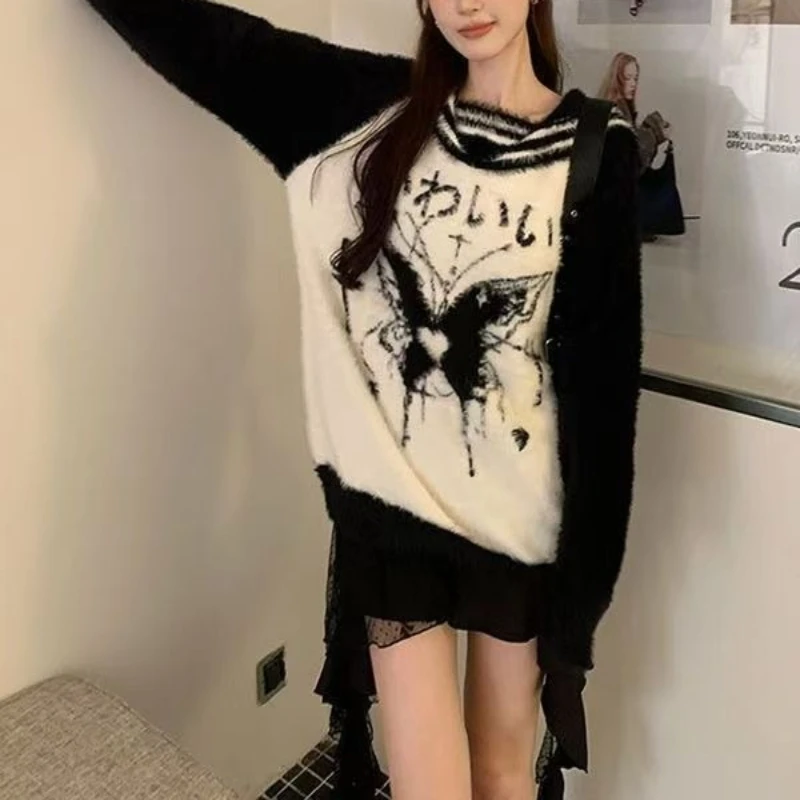 سترات نسائية على طراز ديبتاون بريبي كاواي على الطراز الياباني بياقة بحاري سترات هاراجوكو بلوفرات محبوكة دافئة كبيرة الحجم #3