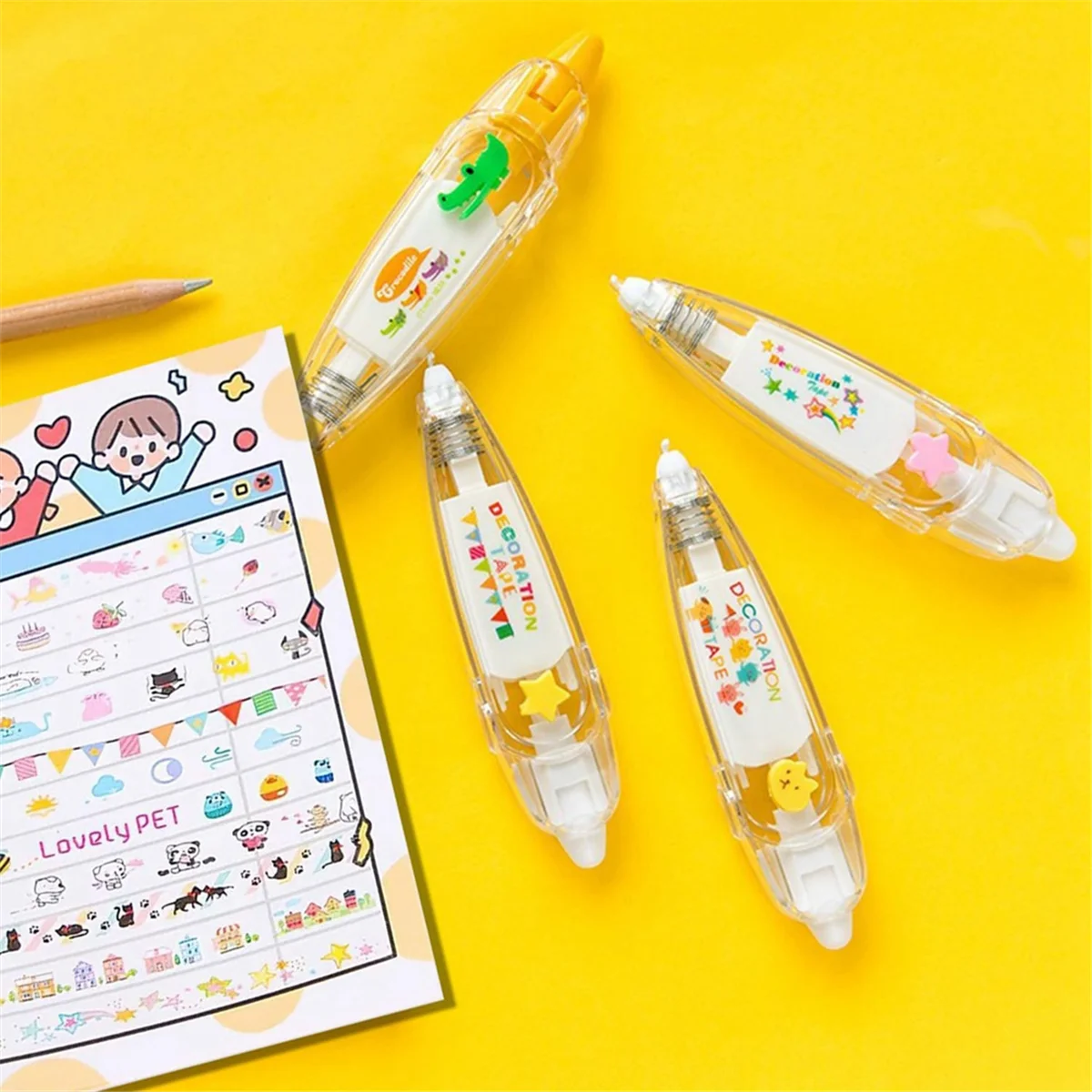 A32P_DIY Cartoon Press Type Decorative Pen, Ally-Pocket Tape Pen, Cute Animals Scrapbooking Diary Decoration Tape Pen,C-12PCS