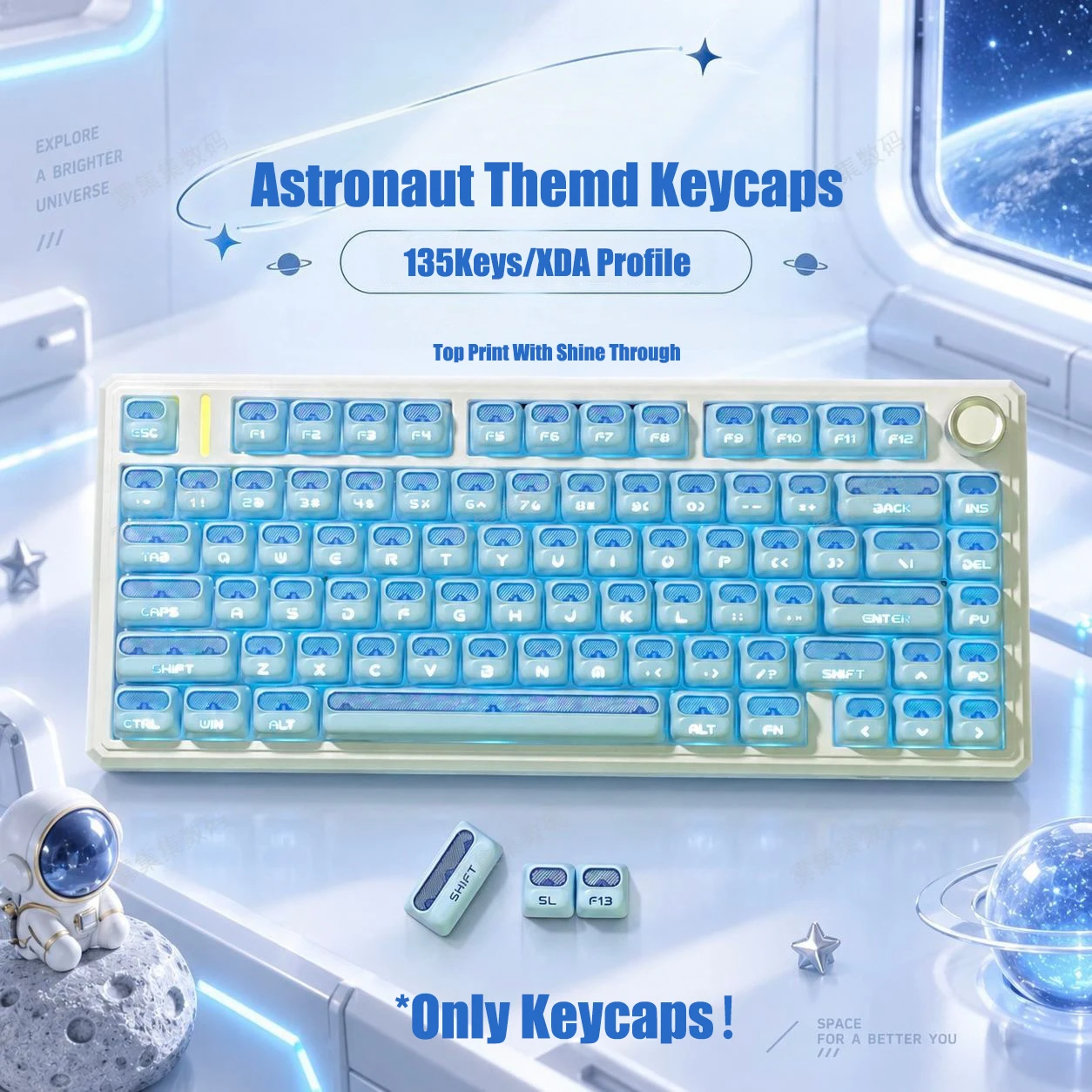 Blue Astronaut Top Print RGB Backlit Key Caps 135 Keys Double Shot PBT PC Keycaps XDA Profile for MX Switches Gaming Keyboard