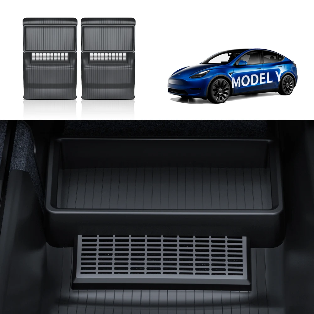 YZ TPE Under Seat Storage Box For Tesla Model Y 2024 Conjoined Organizer Container with Air Outlet Cover Interior Accessories