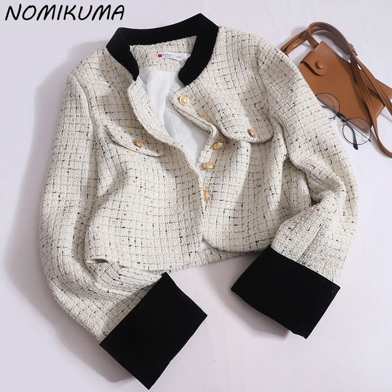 Nomikuma Contrast Color Patchwork Elegant Woolen Jacket Women's Autumn Winter 2023 New Fashion Plaid Breasted Short Coat Top