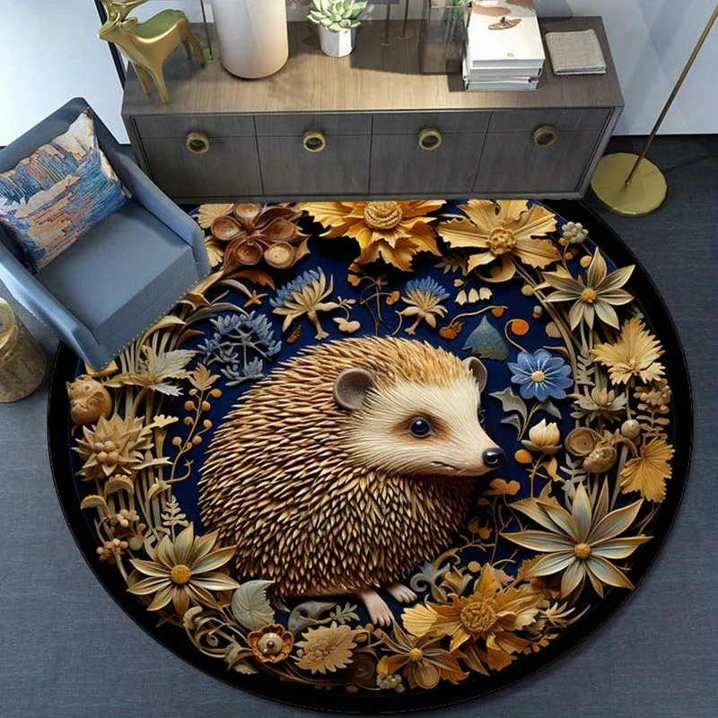 Hedgehog with Flowers and Nature Design Round Rug Soft Crystal Velvet Floor Mat Animal Theme Home Decor Living Room Carpet
