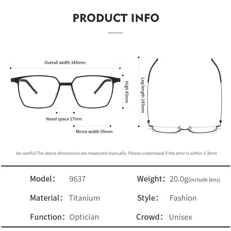 OLAMINS​ Titanium Eye Glasses Frame Retro Vintage Square Eyeglasses Women Optical Korean Screwless Eyewear 9637