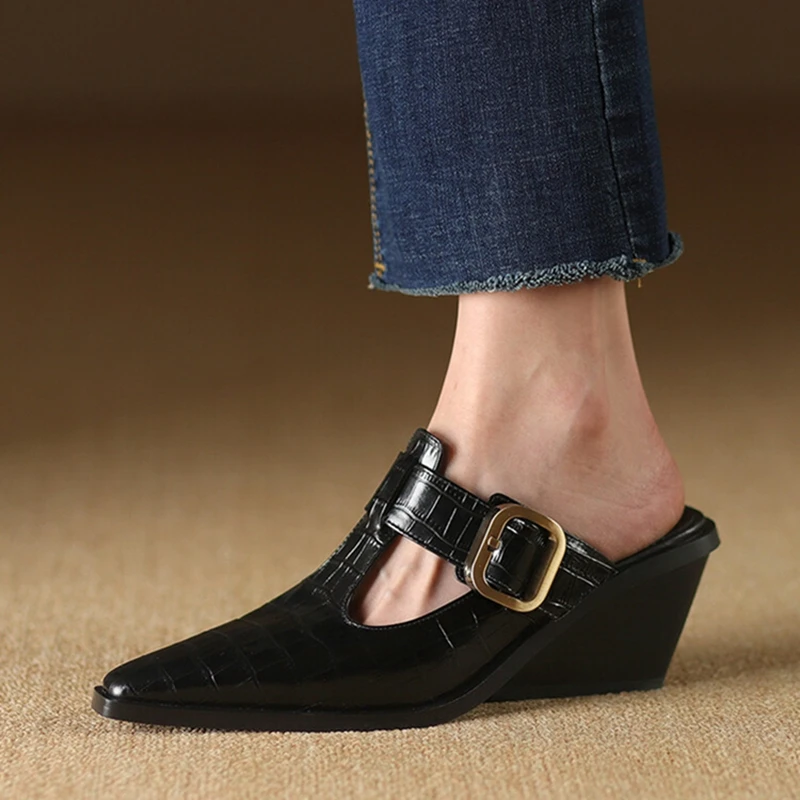 NEW Summer Women Mules Genuine Leather Shoes for Women Cover Toe Wedges Slippers Belt Buckle Pointed Toe Black Women Sandals