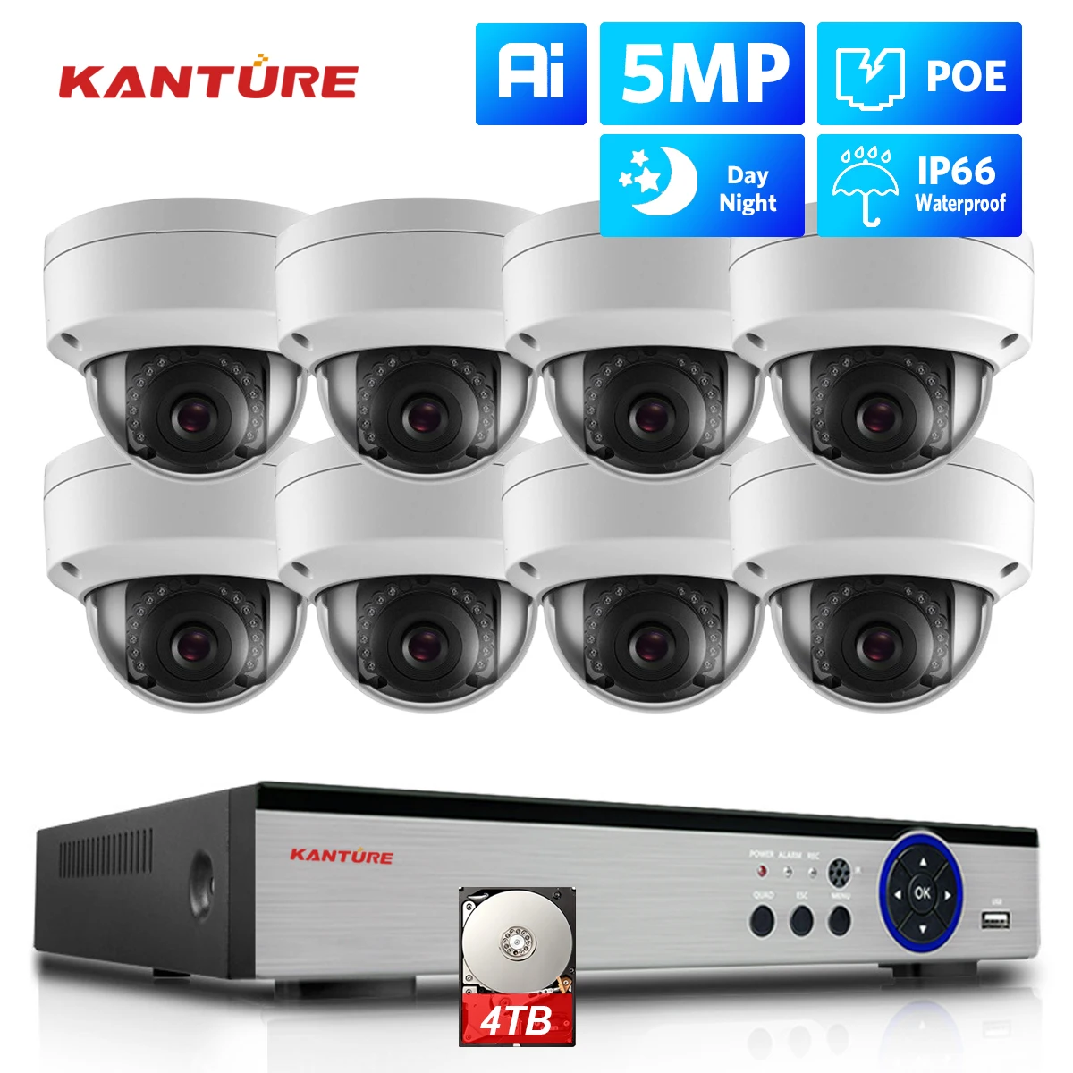 KANTURE H.265+ CCTV 5MP Security Camera System Ai Human Detected Audio IR Infrared Vandalproof Video Surveillance Kit 4K POE NVR