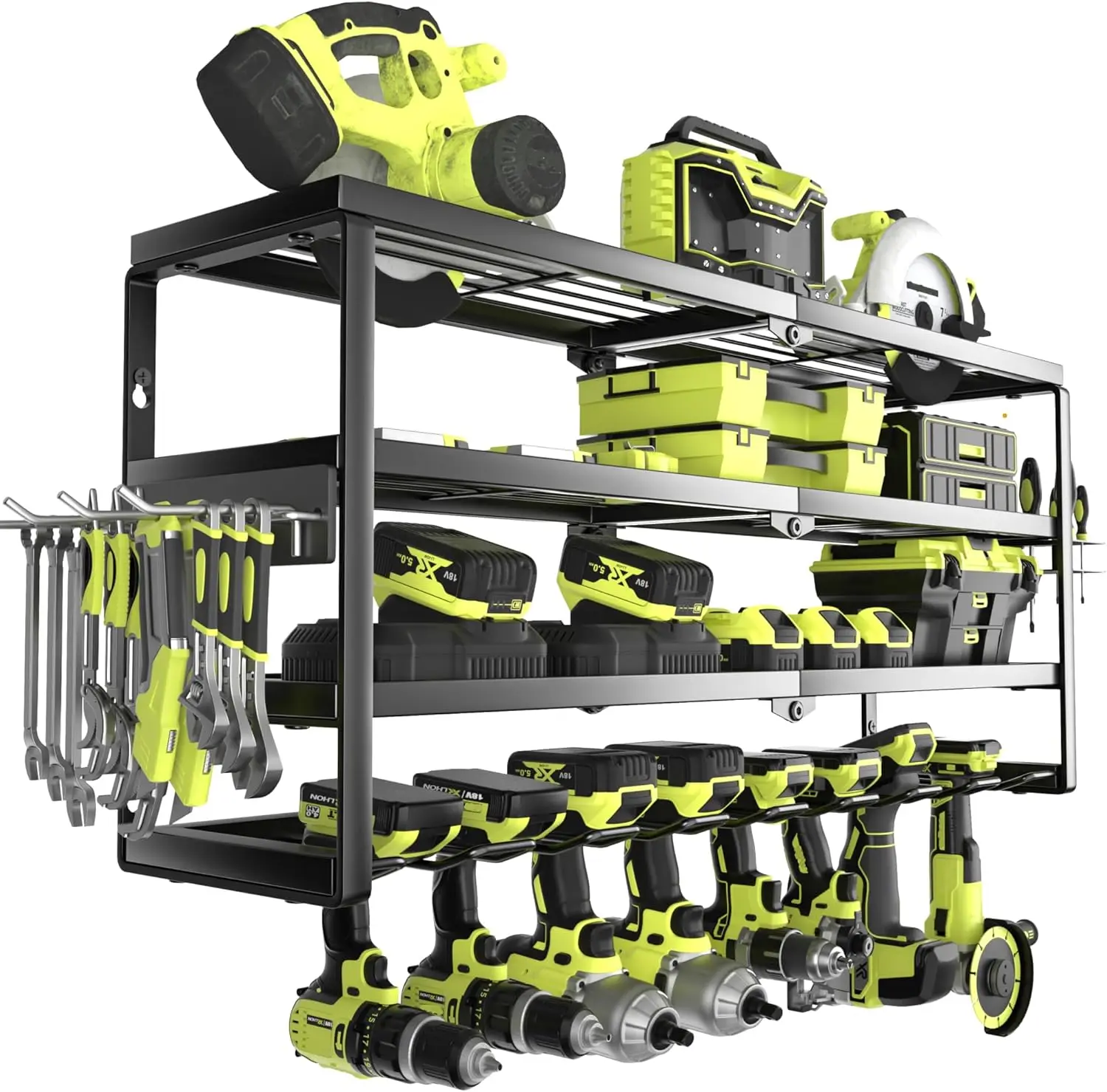 4 Layer Wall Mount Power Tool Organizer with Charging Station, Heavy Duty Cordless Drill Holder Battery Storage Rack for Garage