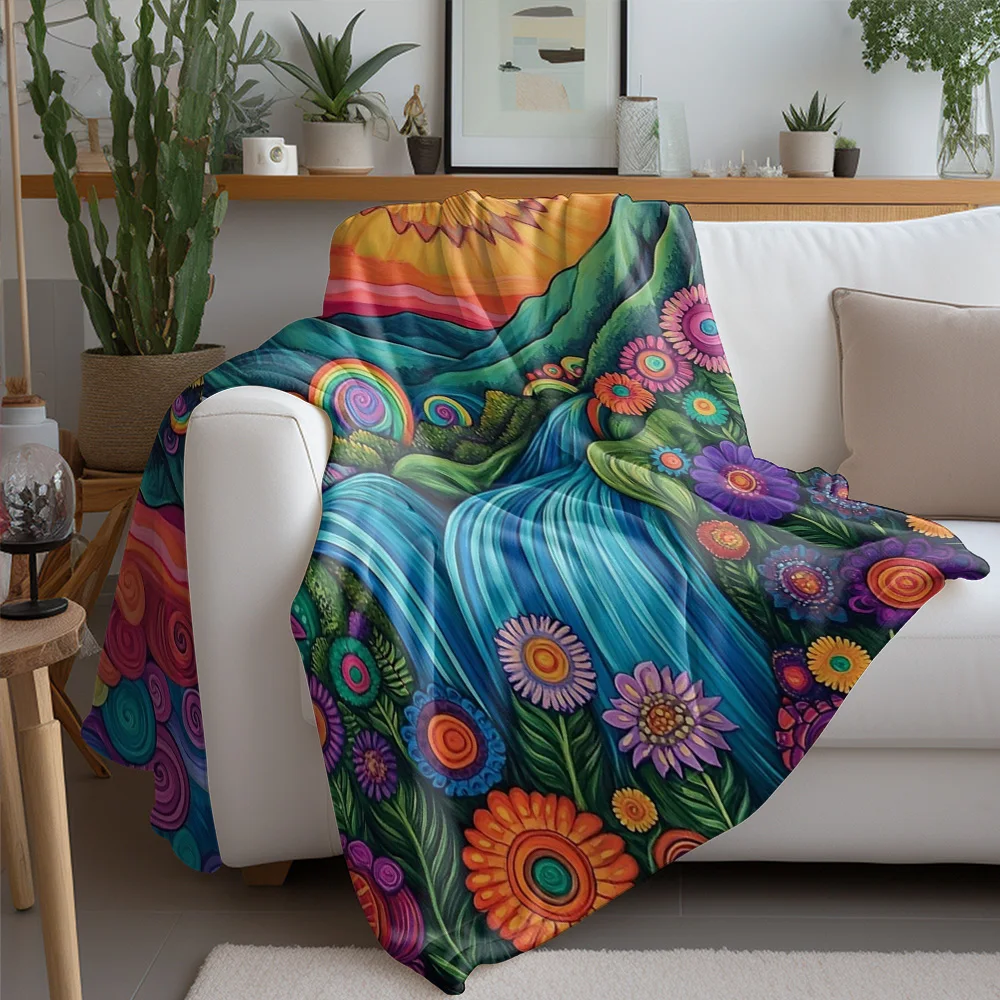 Psychedelic Colorful Floral Waterfall Blanket Rainbow Van Gogh Style Print Bed Blanket for Kids Teens Adults