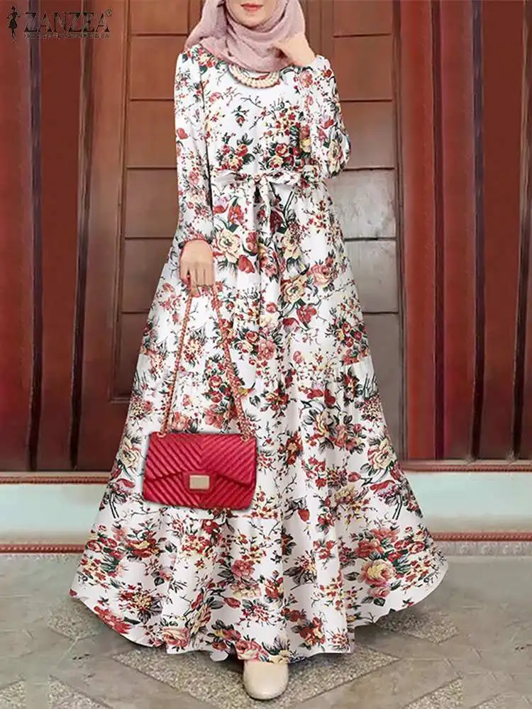 Elegant Floral Muslim Dress ZANZEA Turkey Abaya Hijab Vestidos Women Fashion Robe Bohemain Printed Sundress Islamic Clothing