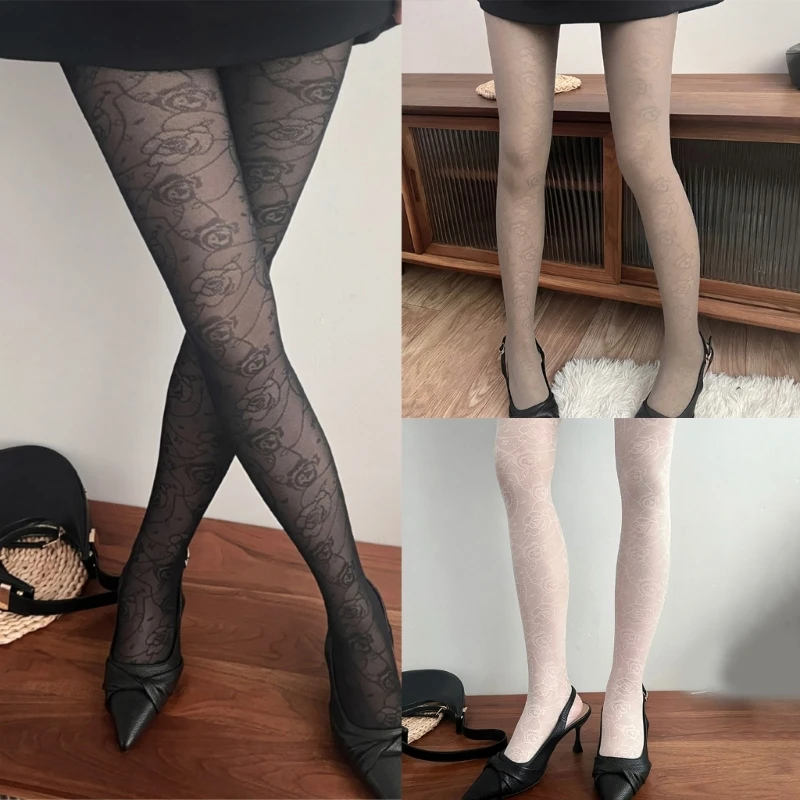 Women Rose Flower Silk Tights French Vintage Patterned Pantyhose Stockings Drop Shipping