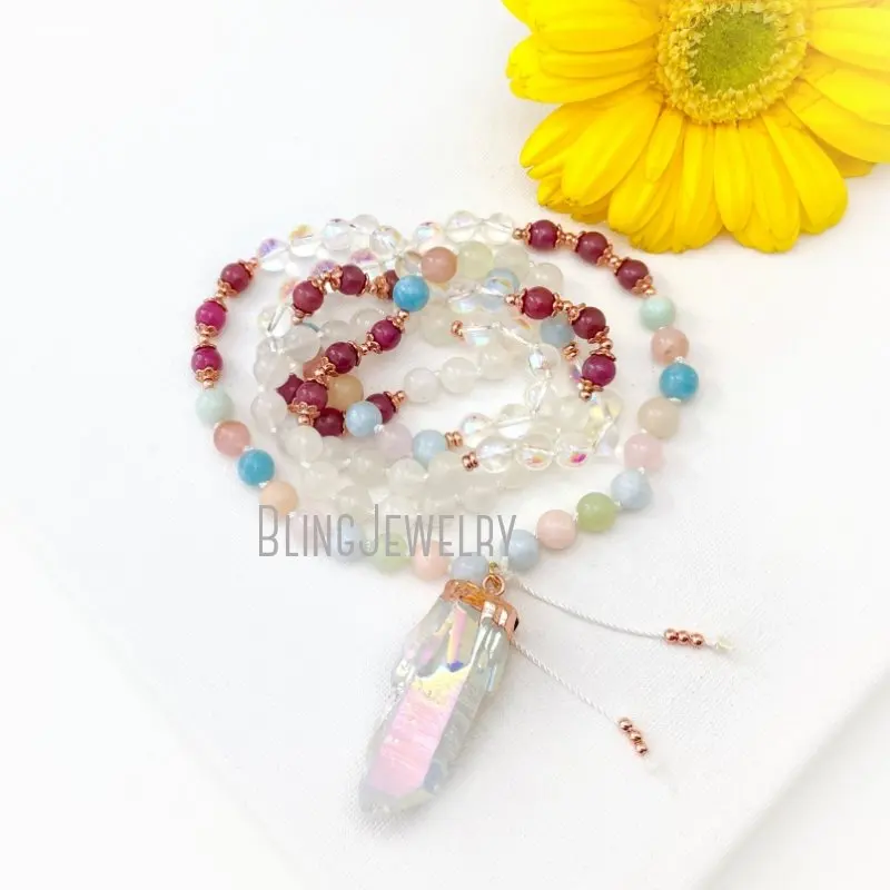 MN43556 Goddess Mala With Ruby Rainbow Moonstone Morganite And  Mystic Aura Quartz  Beads 108  Prayer  