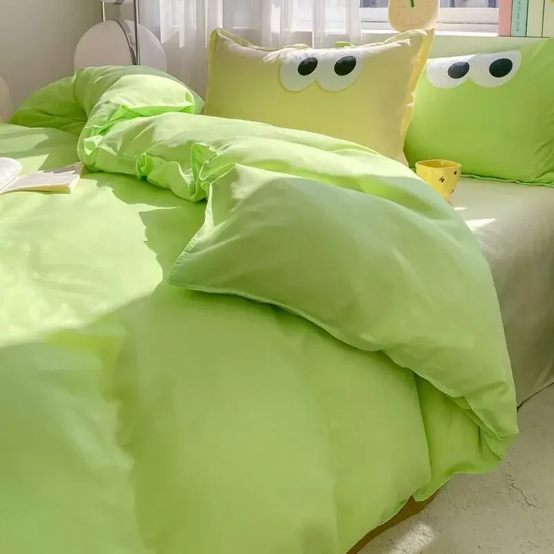 Cute Korean Style Duvet Cover Set No Filler Green Pink Mix Color Flat Sheet Pillowcases Polyester Twin Queen Size Bed Linens