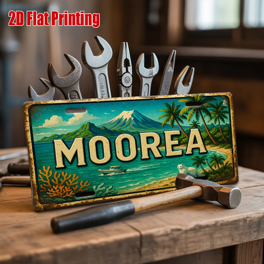 Moorea Tropical Beach License Plate AL Sign - Placa de metal duradera de estilo vintage para decoración de pared, arte de pared para el hogar, oficina, bar, man cave