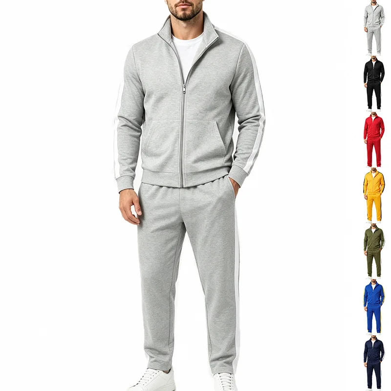 Ensemble de survêtement deux pièces pour homme avec rayures latérales, col montant zippé, pantalon de jogging à taille élastique, doux, pour le sport quotidien et les loisirs