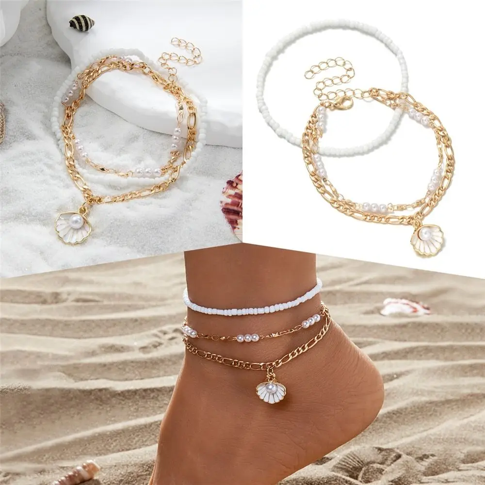 2 pçs presente concha boho tornozeleira conjunto elástico arroz contas pé jóias vieira praia charme tornozeleira para férias de verão wear