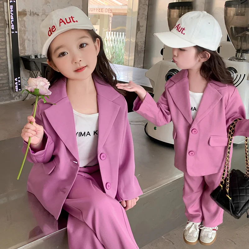 Girls Coat +Pants Kids Suits 2PCS/Set 2024 Rose Spring Autumn Cotton Teenagers School Uniforms Cotton Children Clothing