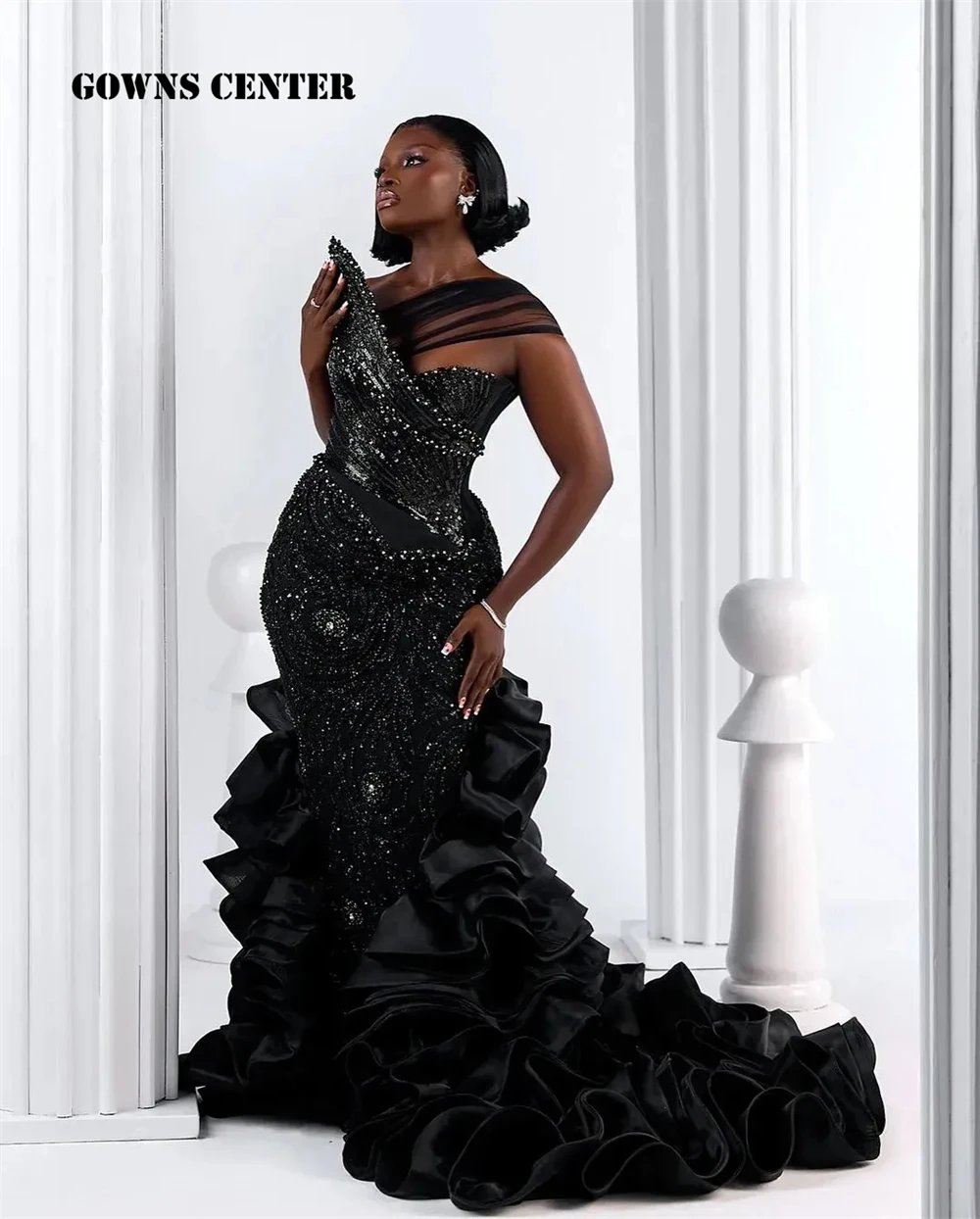 

Fashionable Black Aso Ebi Evening Dresses Beaded Lace-up Luxury Mermaid Gown Ruched Train African Wedding Guest Dress Customized