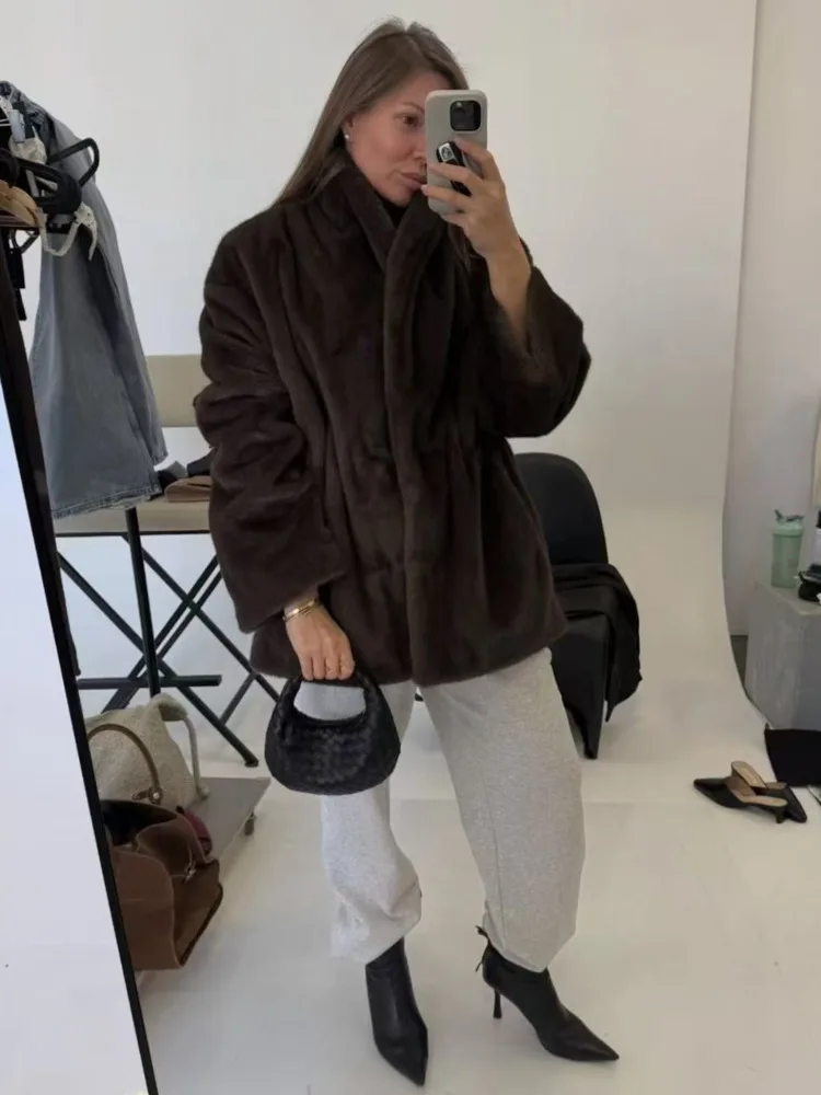 DFDG Women’s 2025 Autumn Winter Simple Casual Faux Mink Fur Coat Stand Collar Eco Plush Jacket Thickened Designer Outerwear Coat