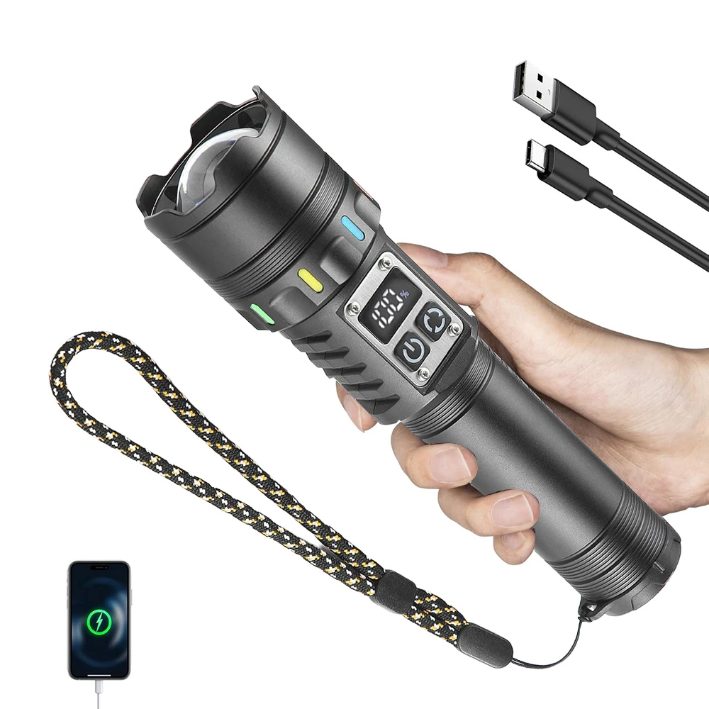 

Суперяркий светодиодный фонарик с цифровым дисплеем, перезаряжаемый, водонепроницаемый, 9 режимов освещения, функция мобильного зарядного устройства, для кемпинга и экстренных ситуаций