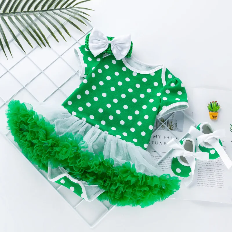 New St. Patrick's Cotton Polka Dot Short Sleeve Romper Dress Baby Green Mesh Princess Dress Children's Dress Set