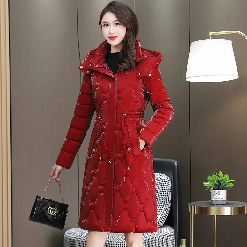 New Bright Face Wash Free Down Cotton for Women 2023 Winter Warm Over Knee Cotton Coat for Women Rich Women Wipable Mid Length B