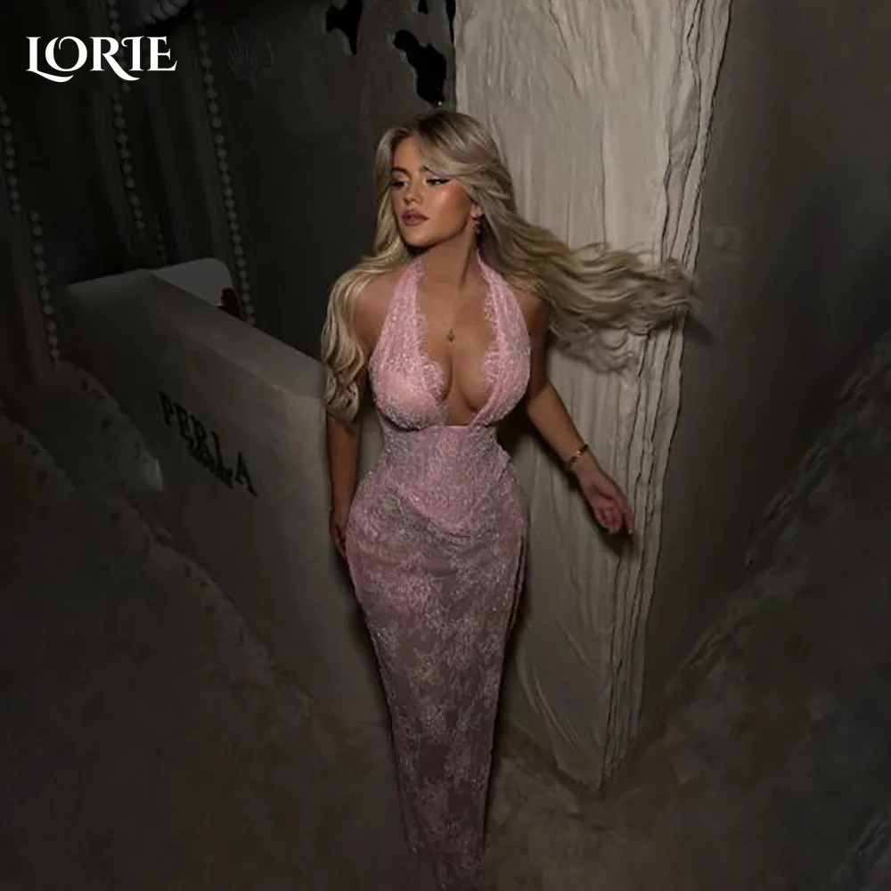 

LORIE Lace Evening Dresses Elegant Halter High Slit Sweetheart Pleats Mermaid Arabia Prom Gown Ruffle Party Dresses Customized