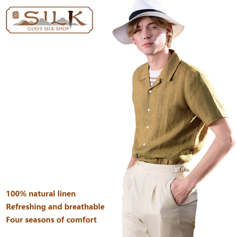 

High-end Natural Linen Men's Shirt Simple Elegant Short-Sleeved Top for Outdoor Leisure, Spring Summer, Fashionable Comfortable