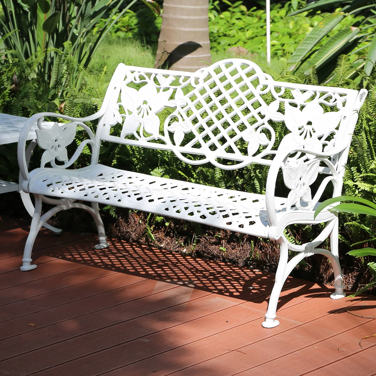 117CM Cast Aluminum Park Bench Chair All-weather Metal Outdoor Patio Bench with Beautiful Carving Garden