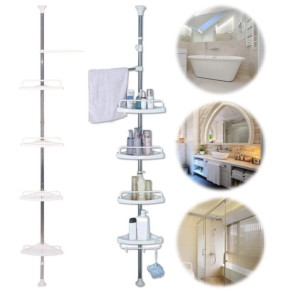 Telescopic Floor Ceiling Holder Stainless Steel Frame Shower Caddy Organizer Shelf Adjustable 4 Trays Corner Bathroom Organizer