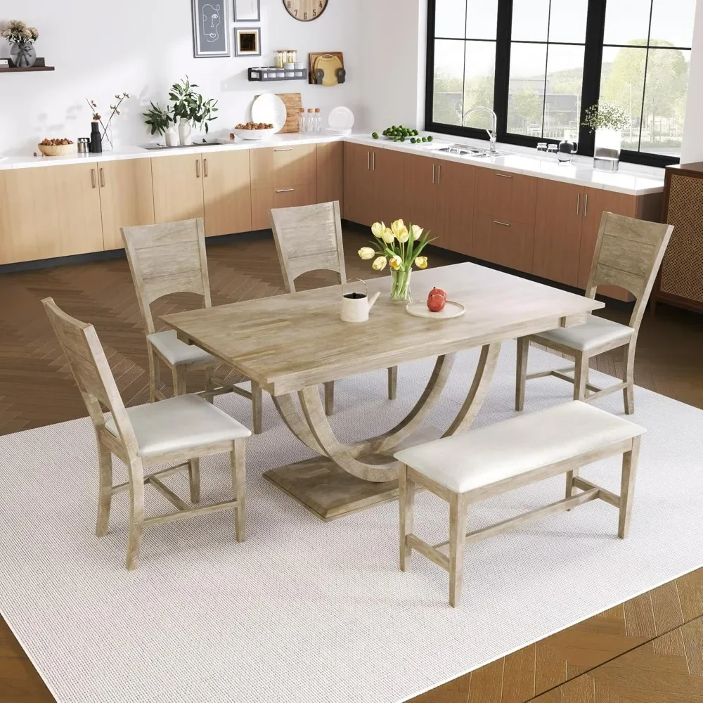 Dining Table Set for 6, with 4 Upholstered Chairs, Solid Wood Table and Chairs Set for Dining Room, Farmhouse Style, Natural