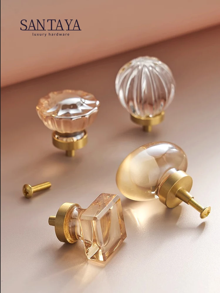 Brass Furniture Handles Crystal Clear Pigeon Eggs Modern Minimalist Wardrobe Cabinet Kitchen Dresser Drawer Single-Hole Knobs