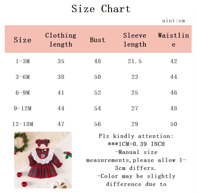 2-teiliges Set Baby Mädchen Weihnachtskleid Spitze Kariertes Langarmkleid + Haarband für 0-18 Monate Baby Mädchen Weihnachtskostüme – Detail 7