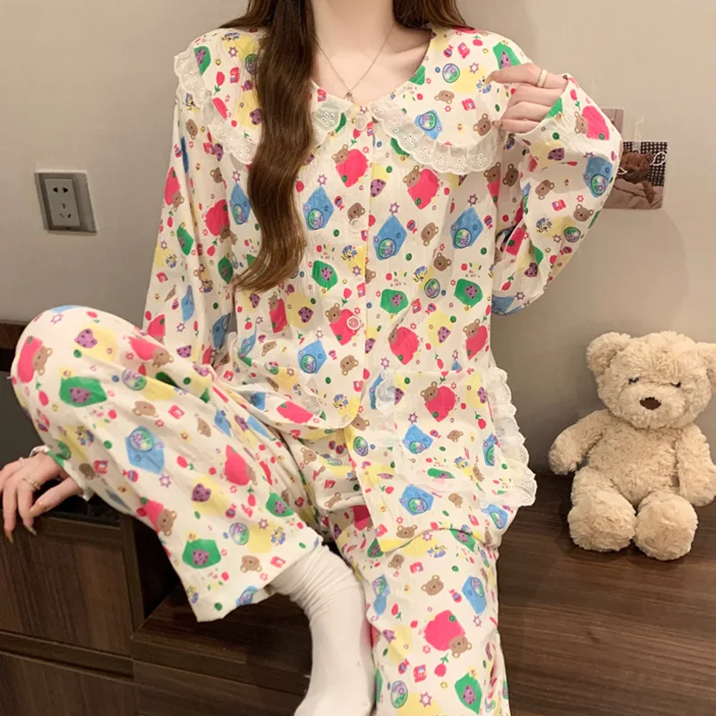 

Fall and Winter Doll Collar Pajamas Women's Long Sleeve Cute Sweet Dopamine Bear Loungewear Soft 2 Piece Set Korea Style