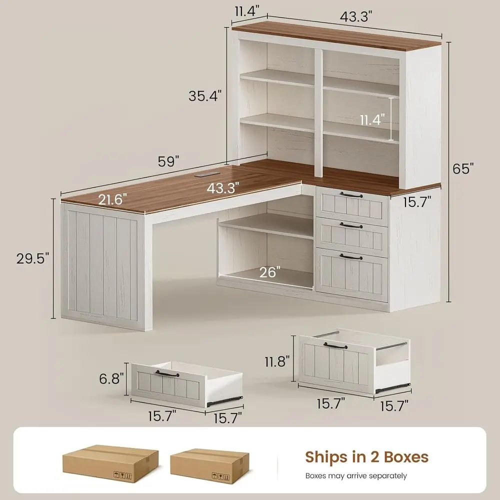 L-Shaped 59 Wooden Office Desk with 3 Drawers, 5-Tier Bookshelf, Storage Shelves, and Power Outlet for Small Spaces, Vintage Whi
