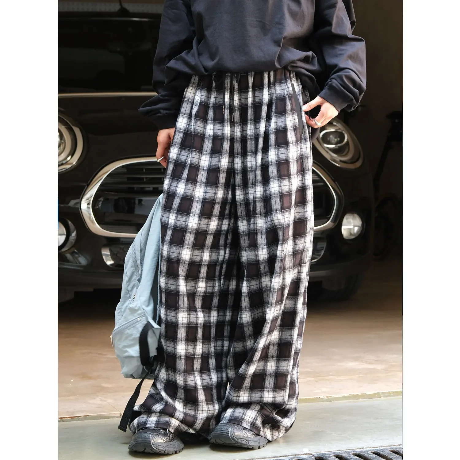 Autumn And Winter New American Street Retro Plaid Wide Leg Casual Pants Loose Elastic Soft Trousers Women