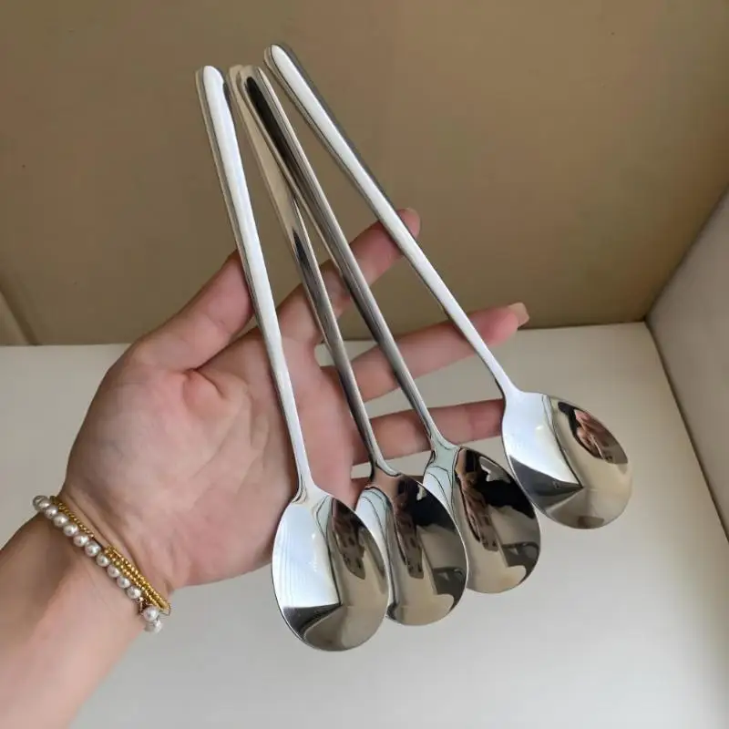 Stainless Steel Big Head Round Spoon Net Red Golden Dinner Long Handle Stirring Dessert Spoons For Kitchen Accessories Gadgets